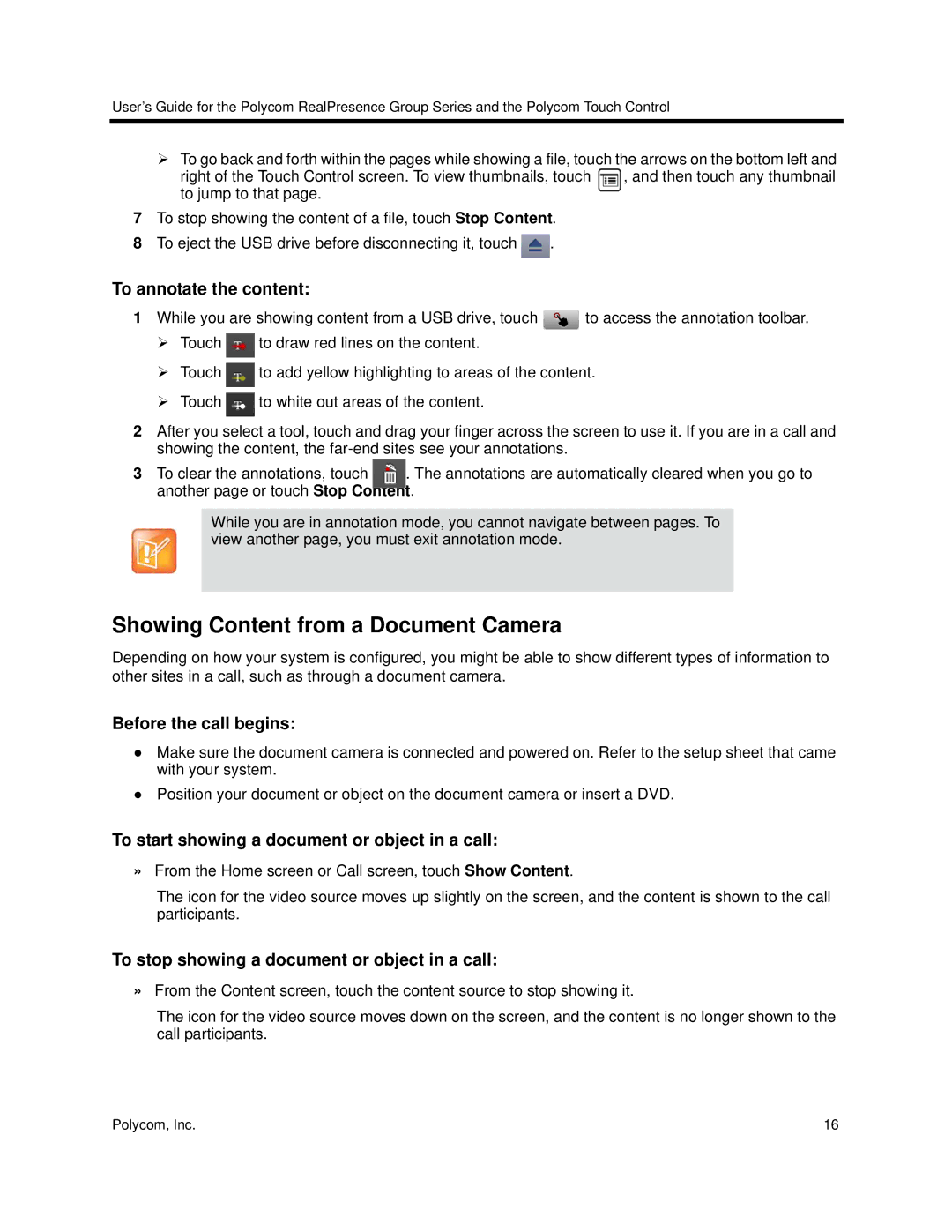 Polycom 3725-64325-005 manual Showing Content from a Document Camera, To annotate the content, Before the call begins 