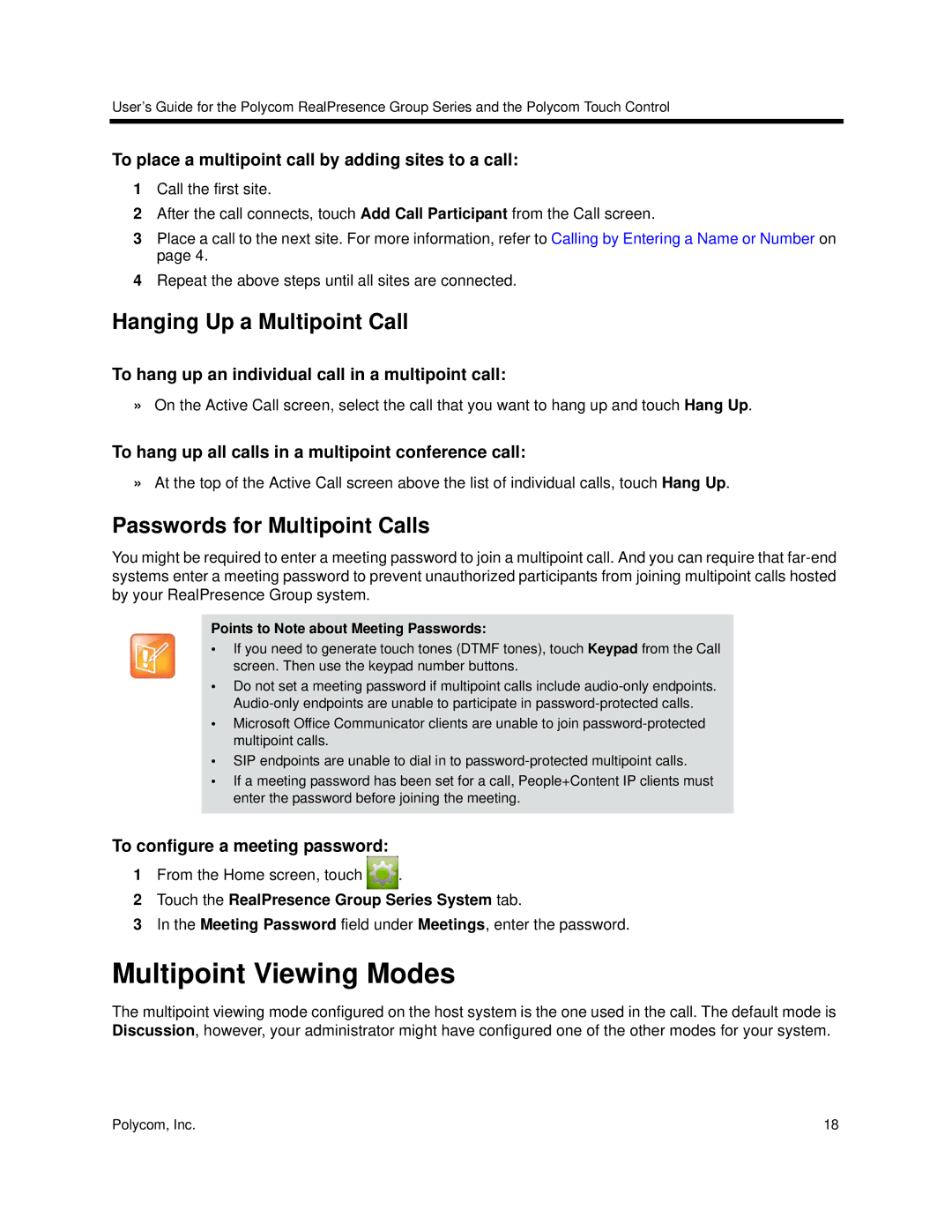 Polycom 3725-64325-005 manual Multipoint Viewing Modes, Hanging Up a Multipoint Call, Passwords for Multipoint Calls 