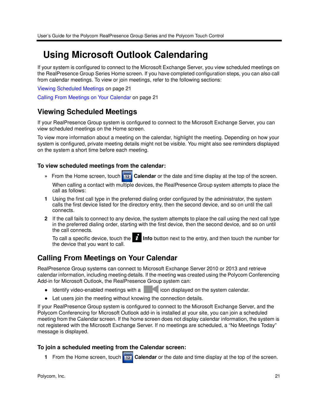 Polycom 3725-64325-005 manual Using Microsoft Outlook Calendaring, Viewing Scheduled Meetings 