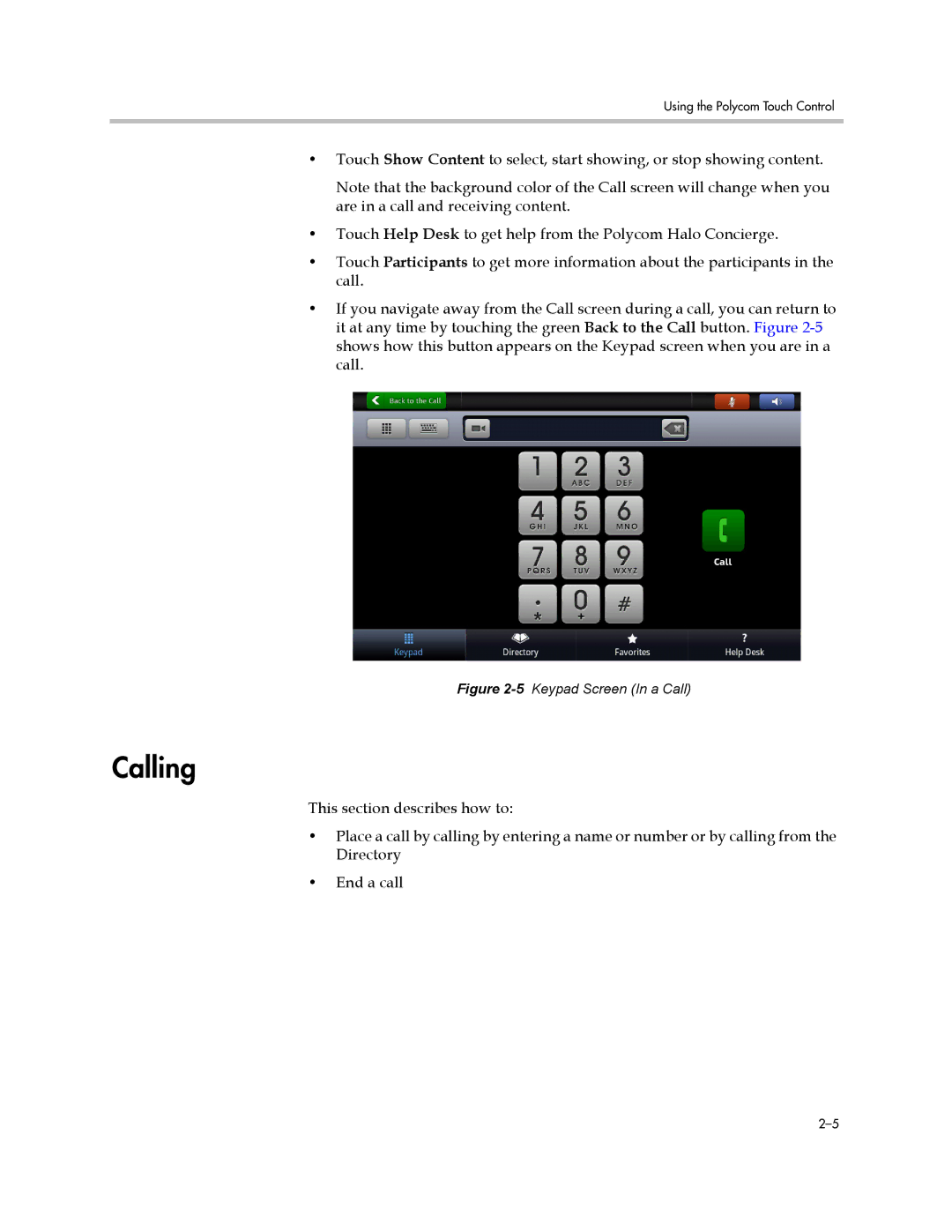 Polycom 3725-71352-001 manual Calling, 5Keypad Screen In a Call 