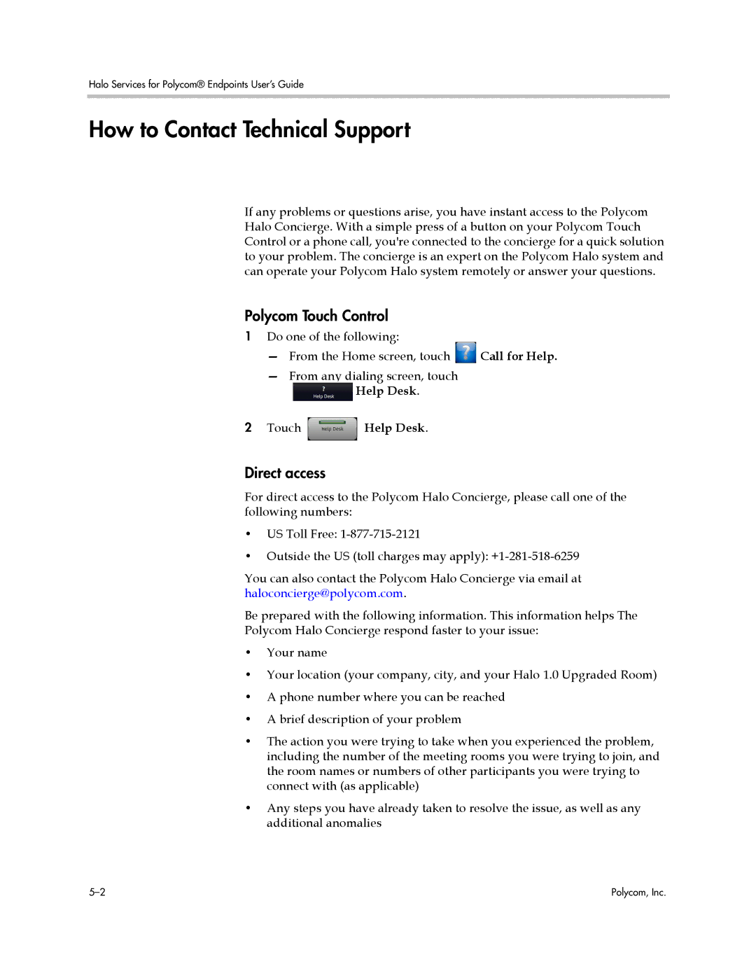 Polycom 3725-71352-001 manual How to Contact Technical Support, Help Desk Touch Help Desk 