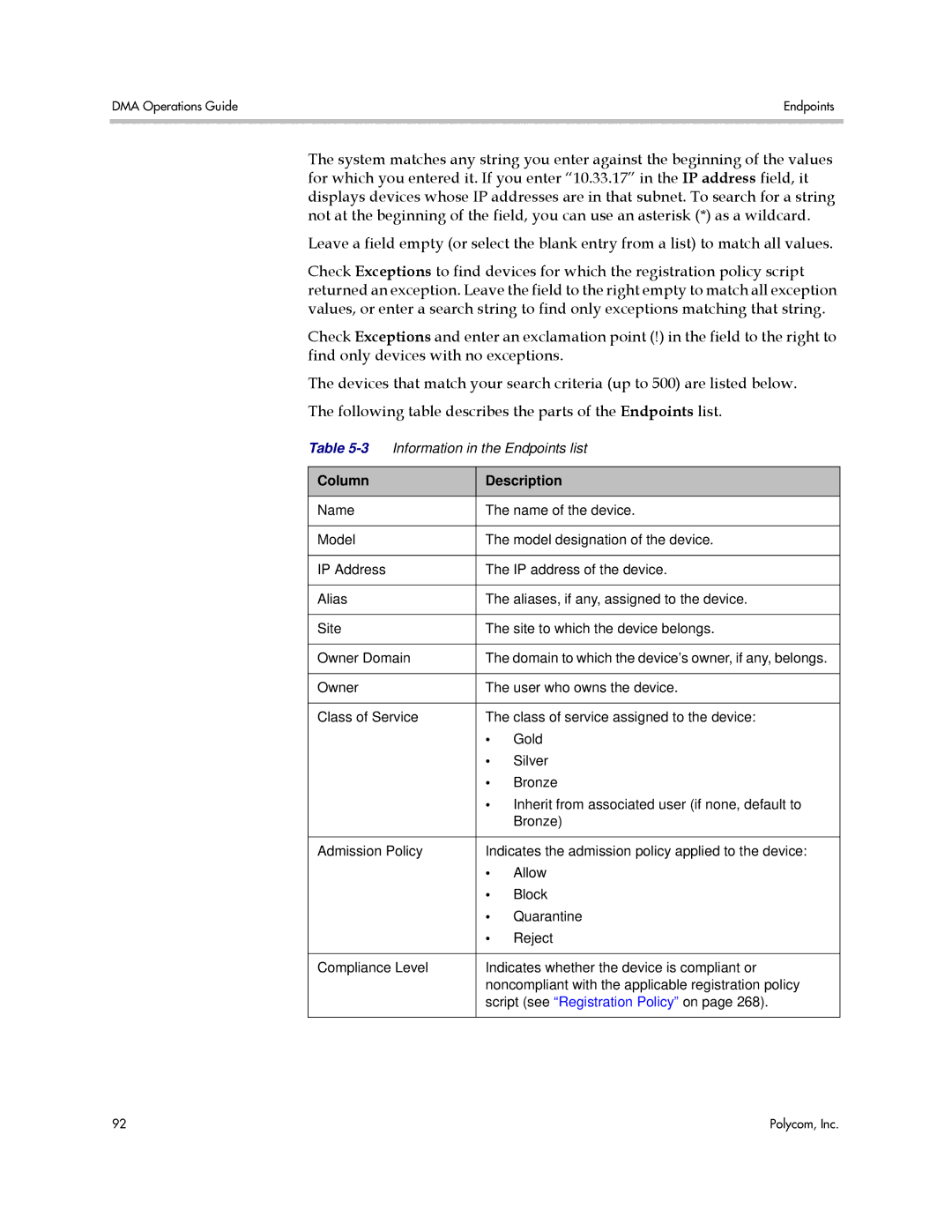 Polycom 3725-76302-001LI manual Information in the Endpoints list 