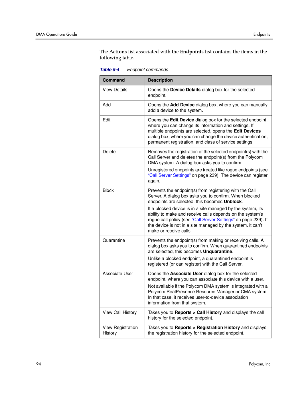 Polycom 3725-76302-001LI manual Command Description, Takes you to Reports Registration History and displays 