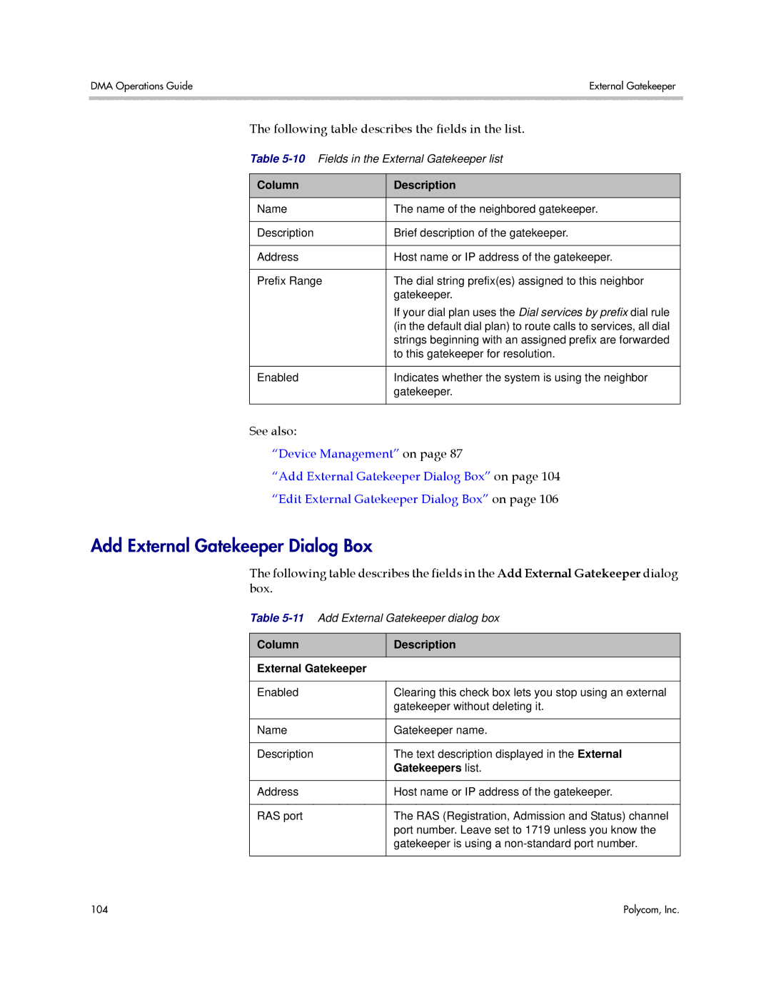 Polycom 3725-76302-001LI Add External Gatekeeper Dialog Box, Column Description External Gatekeeper, Gatekeepers list 