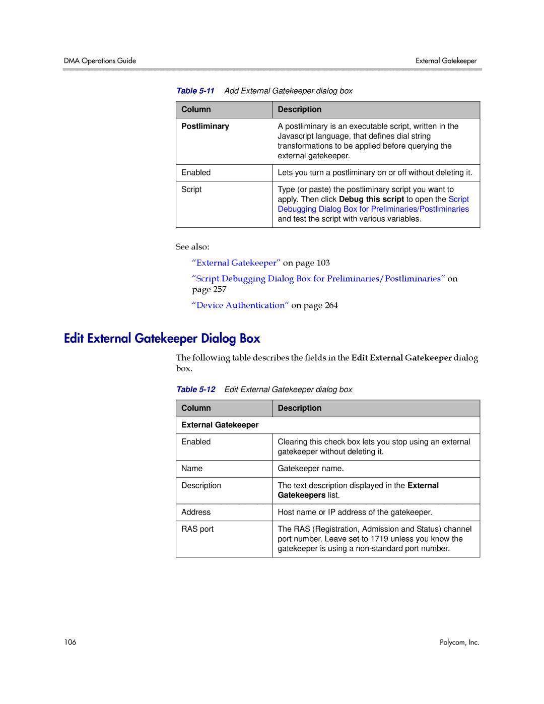 Polycom 3725-76302-001LI manual Edit External Gatekeeper Dialog Box, Column Description Postliminary 