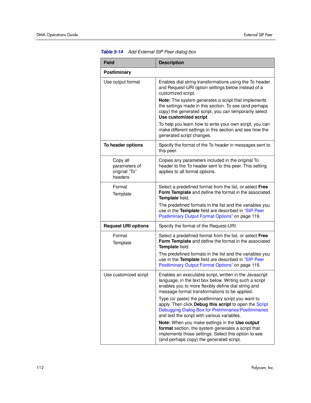 Polycom 3725-76302-001LI manual Field Description Postliminary, Use customized script, To header options, Template field 