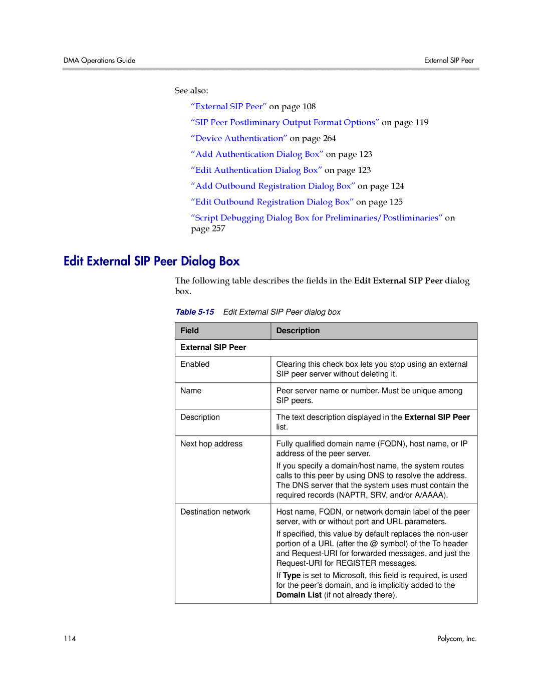 Polycom 3725-76302-001LI manual Edit External SIP Peer Dialog Box, Field Description External SIP Peer 