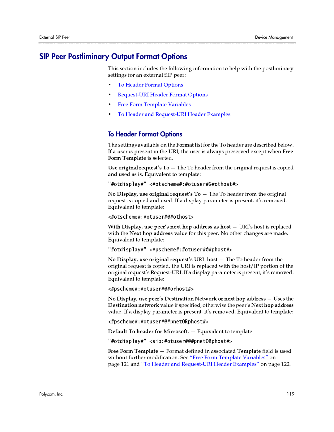 Polycom 3725-76302-001LI manual SIP Peer Postliminary Output Format Options, To Header Format Options 