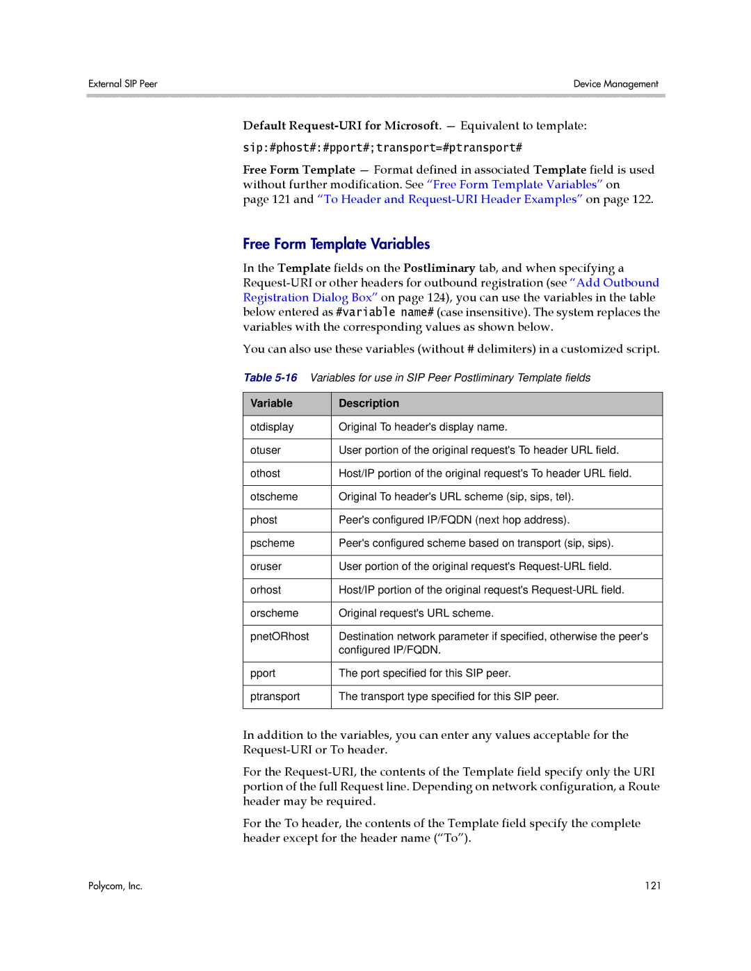 Polycom 3725-76302-001LI manual Free Form Template Variables, Default Request-URI for Microsoft. Equivalent to template 