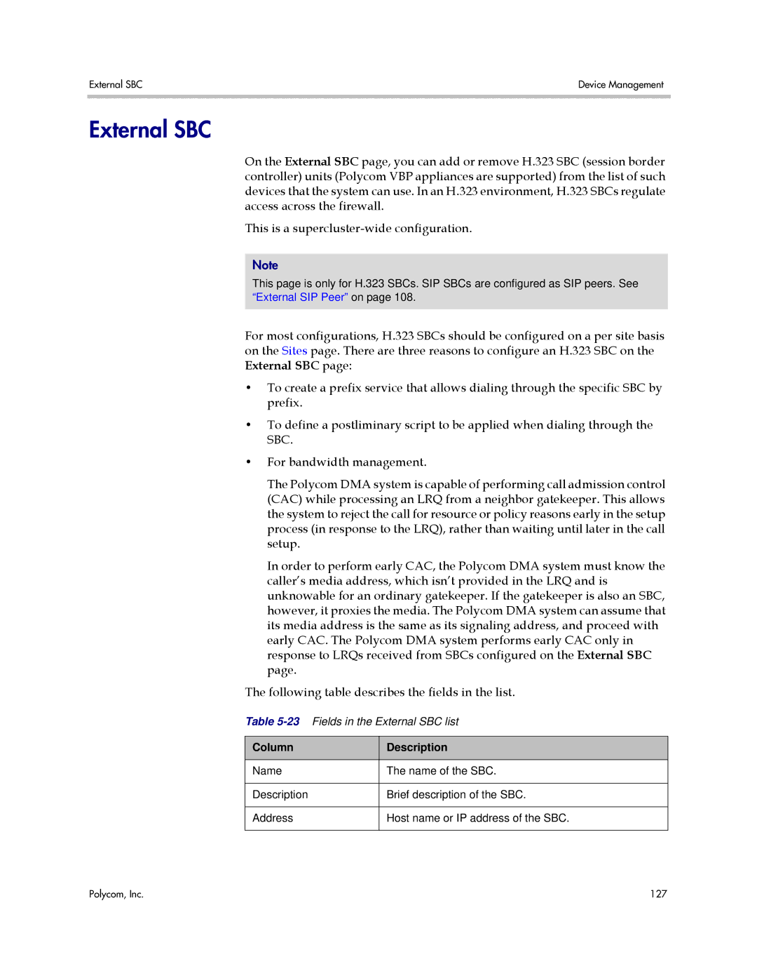 Polycom 3725-76302-001LI manual External SBC, Column Description 