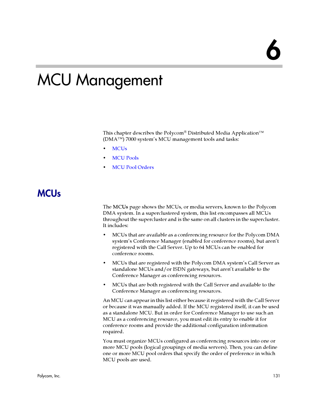 Polycom 3725-76302-001LI manual MCU Management, MCUs 