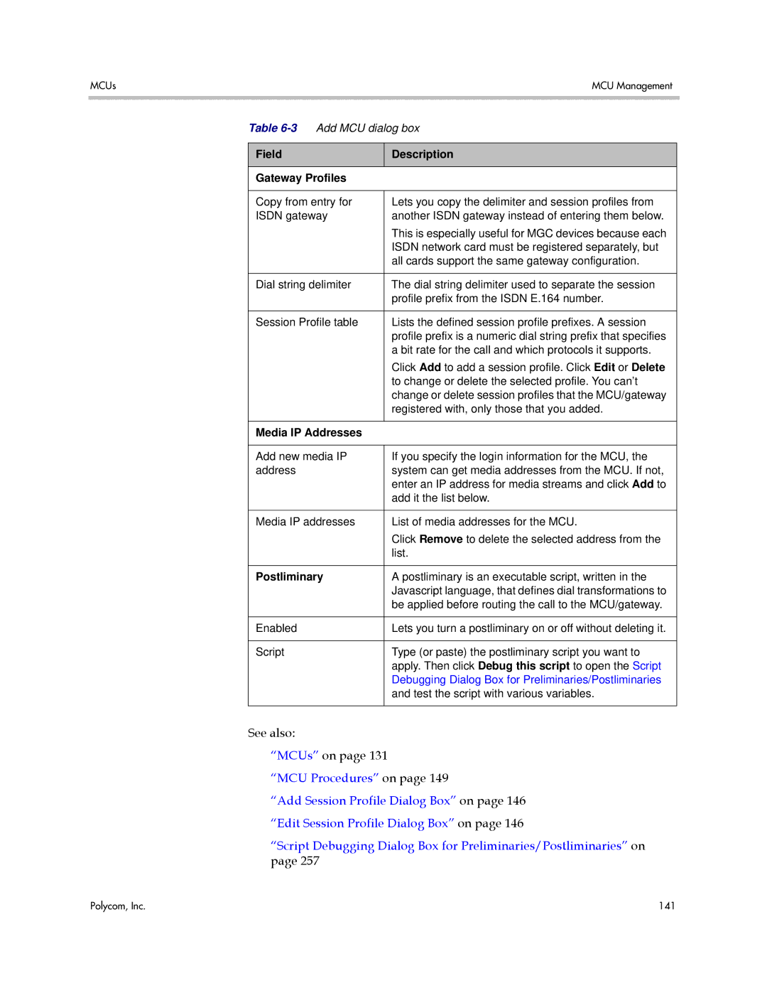 Polycom 3725-76302-001LI manual Field Description Gateway Profiles, Media IP Addresses, Postliminary 