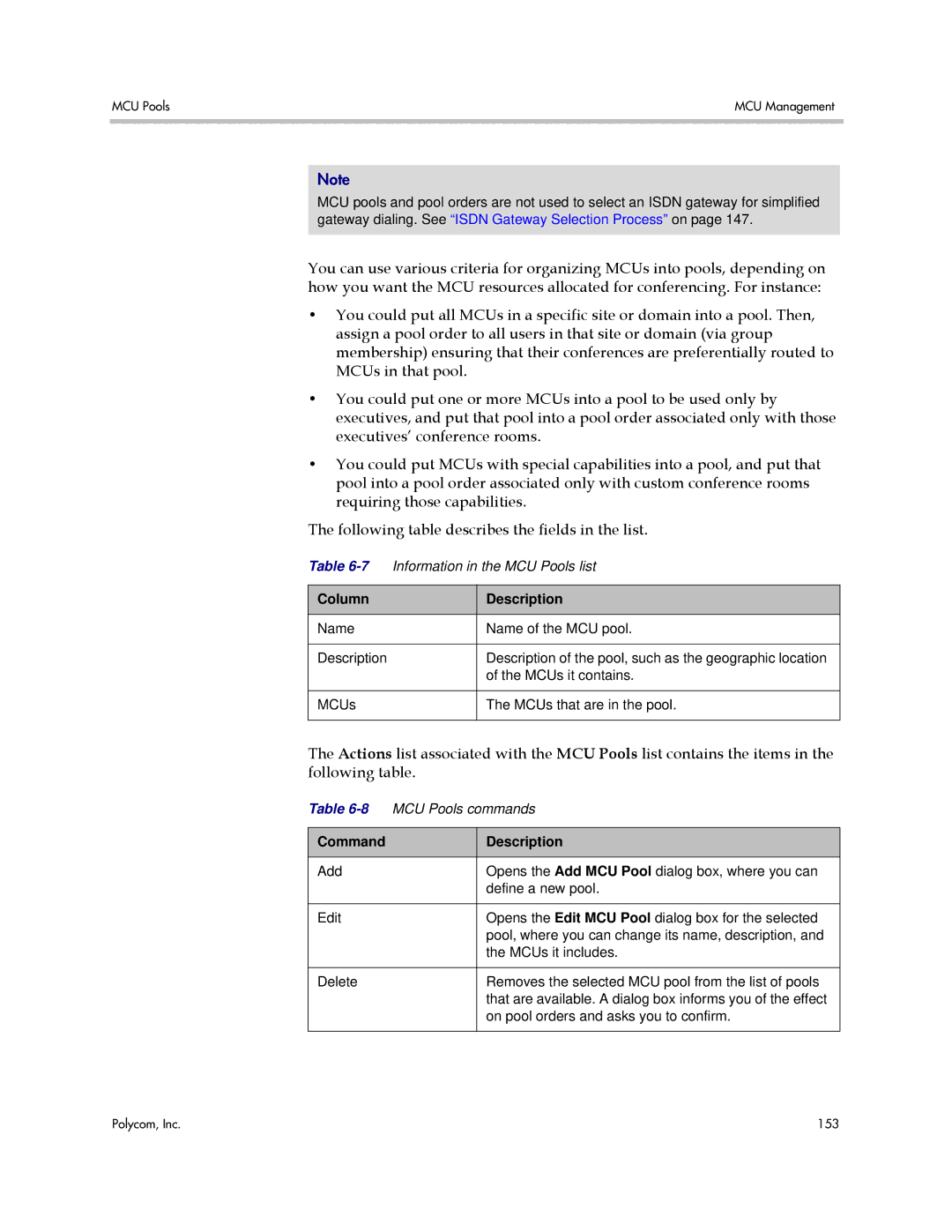 Polycom 3725-76302-001LI manual 7Information in the MCU Pools list 