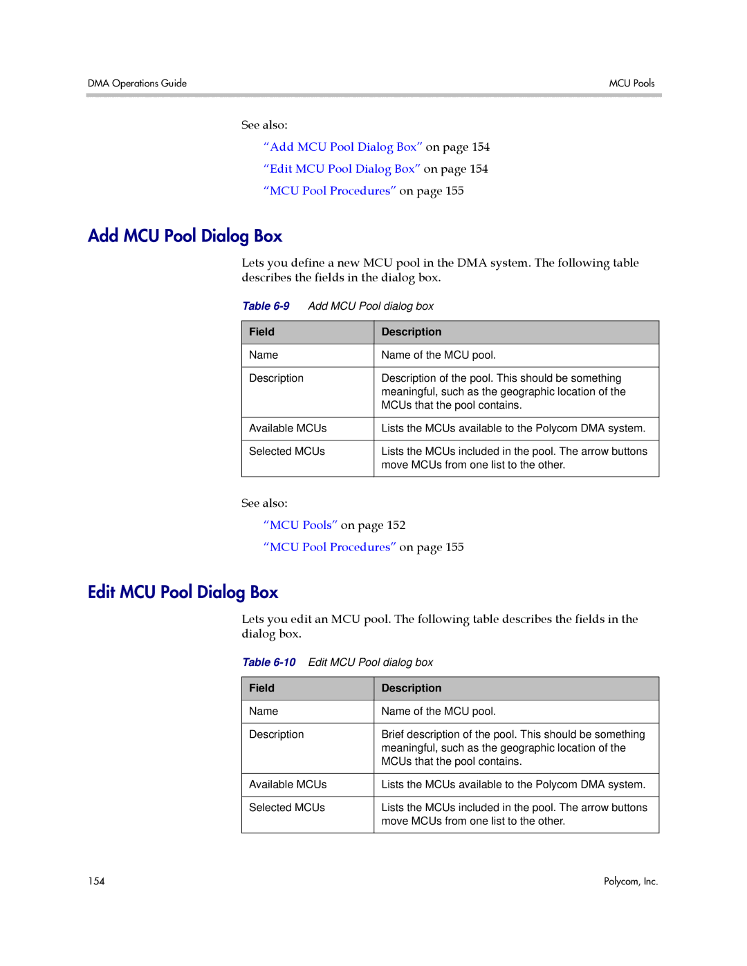 Polycom 3725-76302-001LI manual Add MCU Pool Dialog Box, Edit MCU Pool Dialog Box 