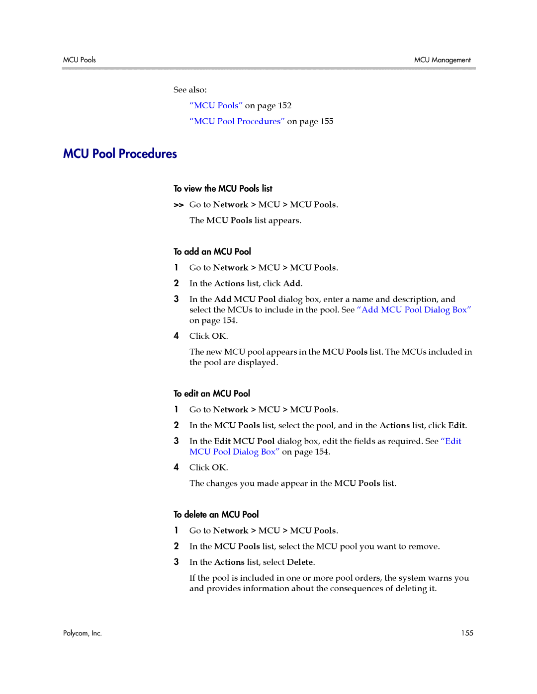 Polycom 3725-76302-001LI manual MCU Pool Procedures, Go to Network MCU MCU Pools 