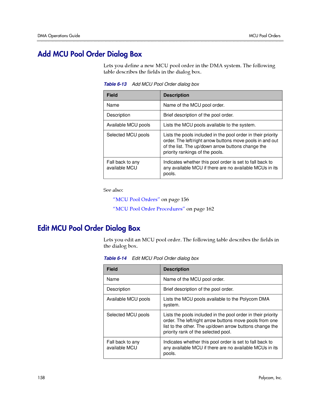 Polycom 3725-76302-001LI manual Add MCU Pool Order Dialog Box, Edit MCU Pool Order Dialog Box 