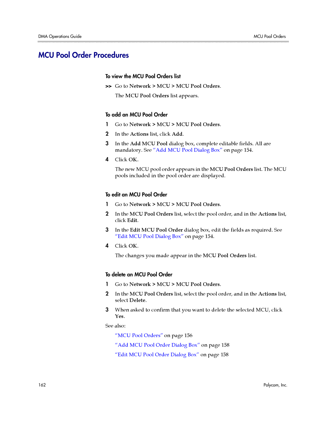 Polycom 3725-76302-001LI manual MCU Pool Order Procedures, Go to Network MCU MCU Pool Orders 