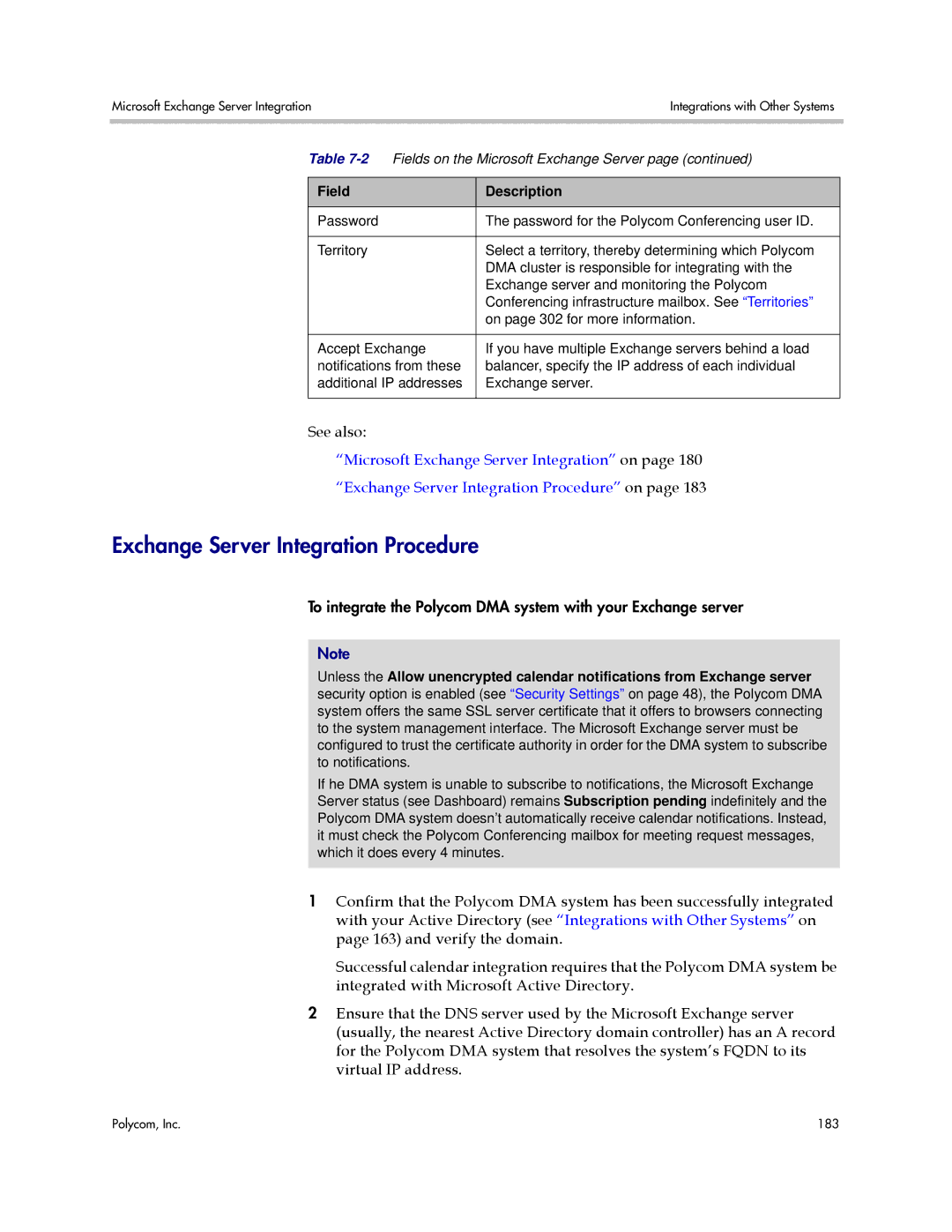 Polycom 3725-76302-001LI manual Exchange Server Integration Procedure, Field Description 