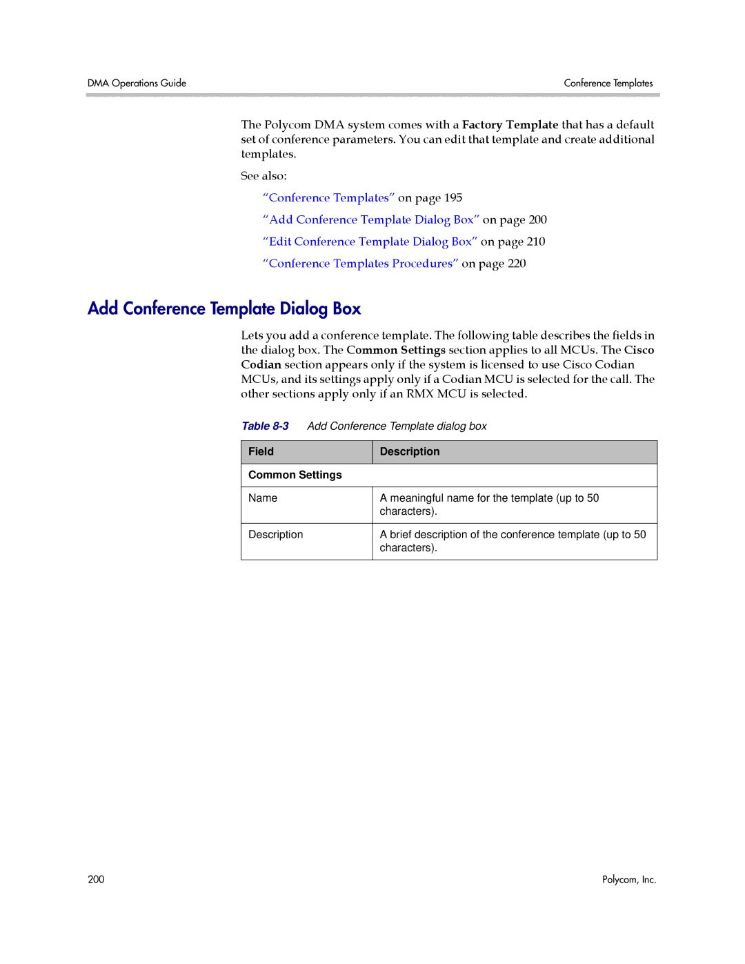 Polycom 3725-76302-001LI manual Add Conference Template Dialog Box, Field Description Common Settings 