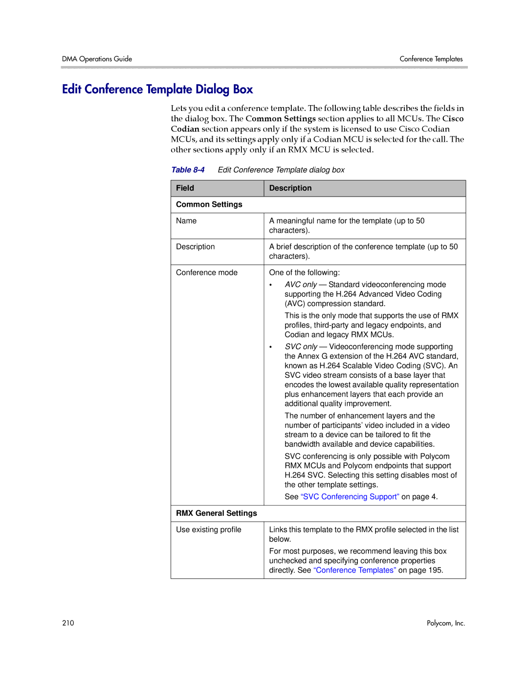 Polycom 3725-76302-001LI Edit Conference Template Dialog Box, Field Description Common Settings, RMX General Settings 