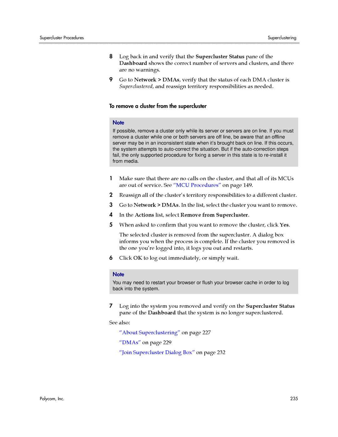 Polycom 3725-76302-001LI manual To remove a cluster from the supercluster, Actions list, select Remove from Supercluster 