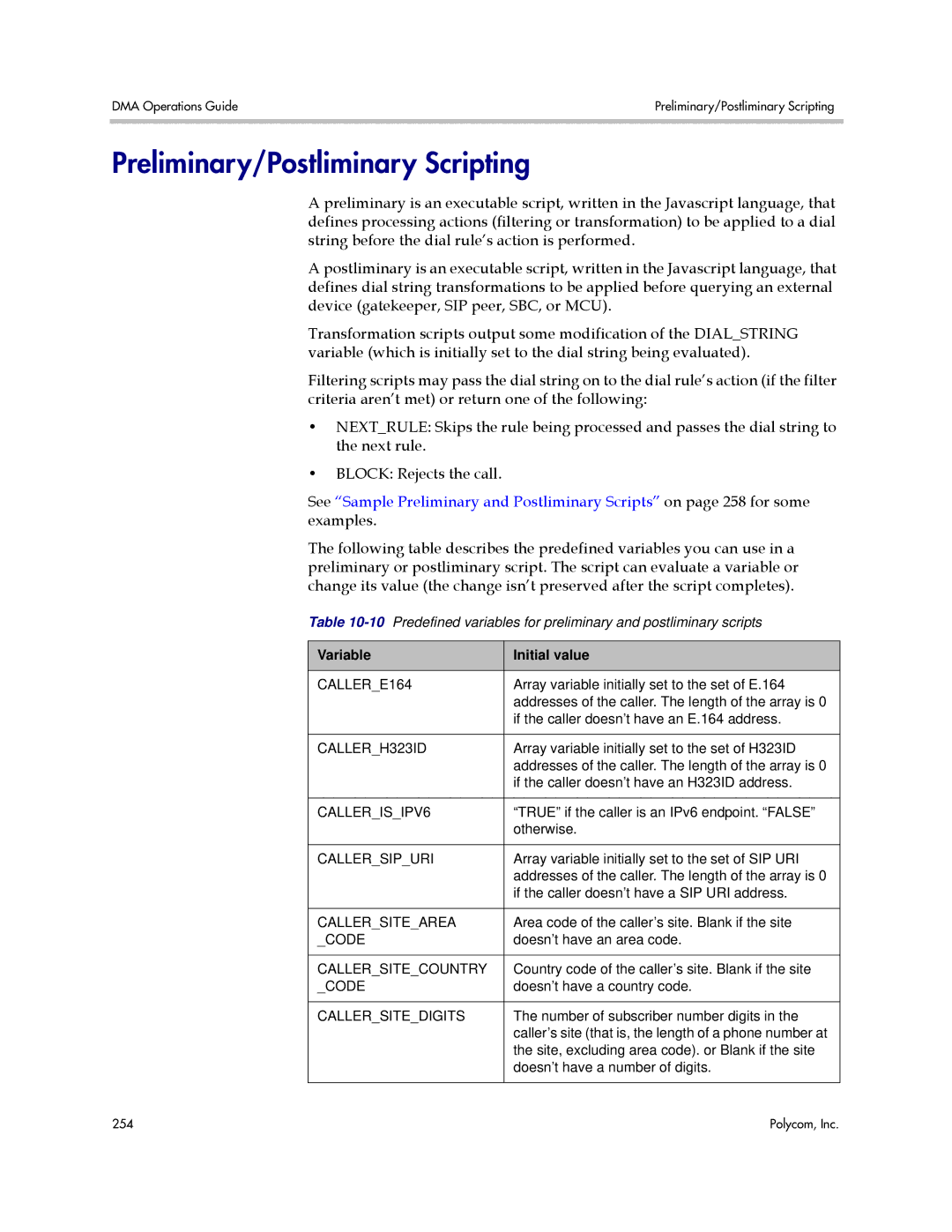 Polycom 3725-76302-001LI manual Preliminary/Postliminary Scripting, Variable Initial value 