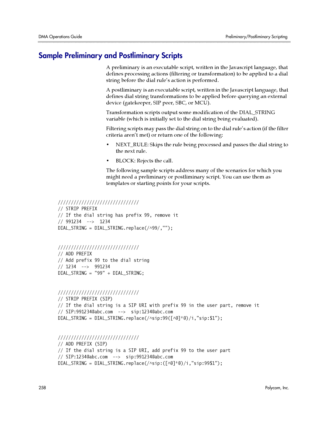 Polycom 3725-76302-001LI manual Sample Preliminary and Postliminary Scripts, Add prefix 99 to the dial string 1234 