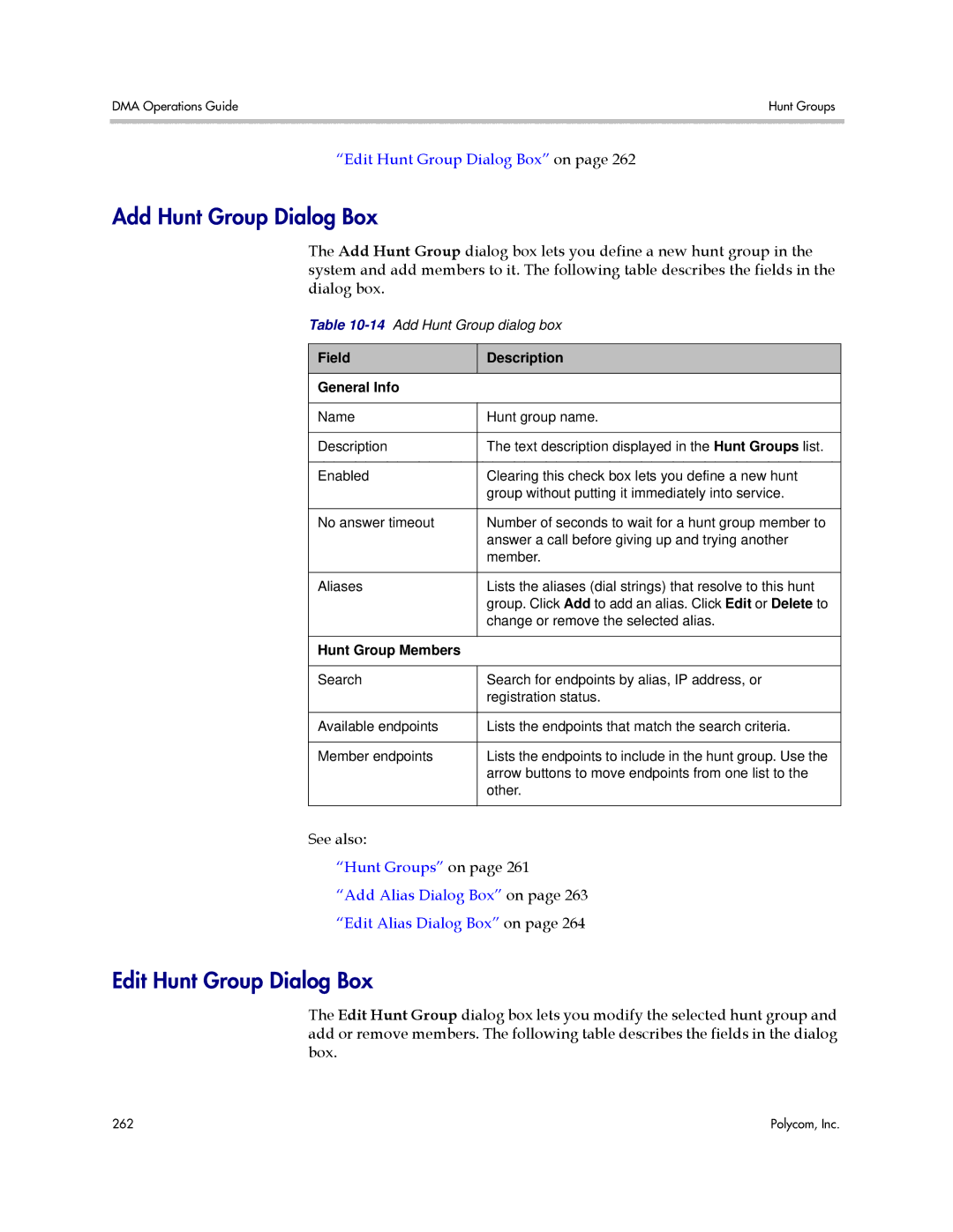 Polycom 3725-76302-001LI manual Add Hunt Group Dialog Box, Edit Hunt Group Dialog Box, Field Description General Info 