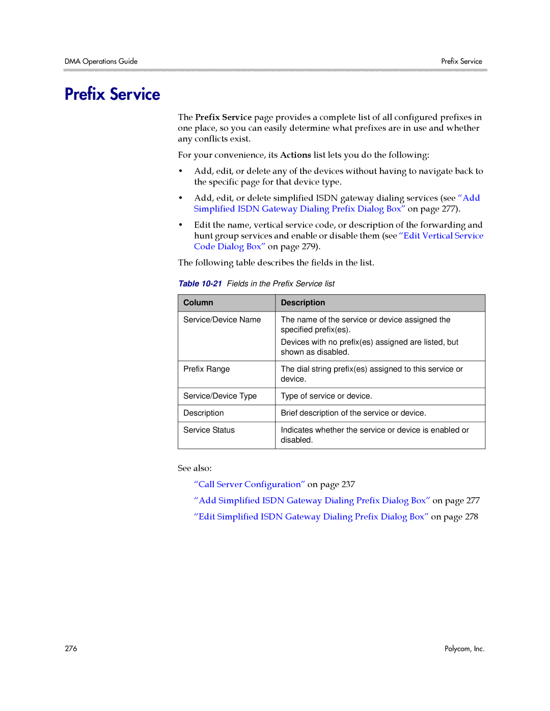 Polycom 3725-76302-001LI manual Prefix Service, Column Description 