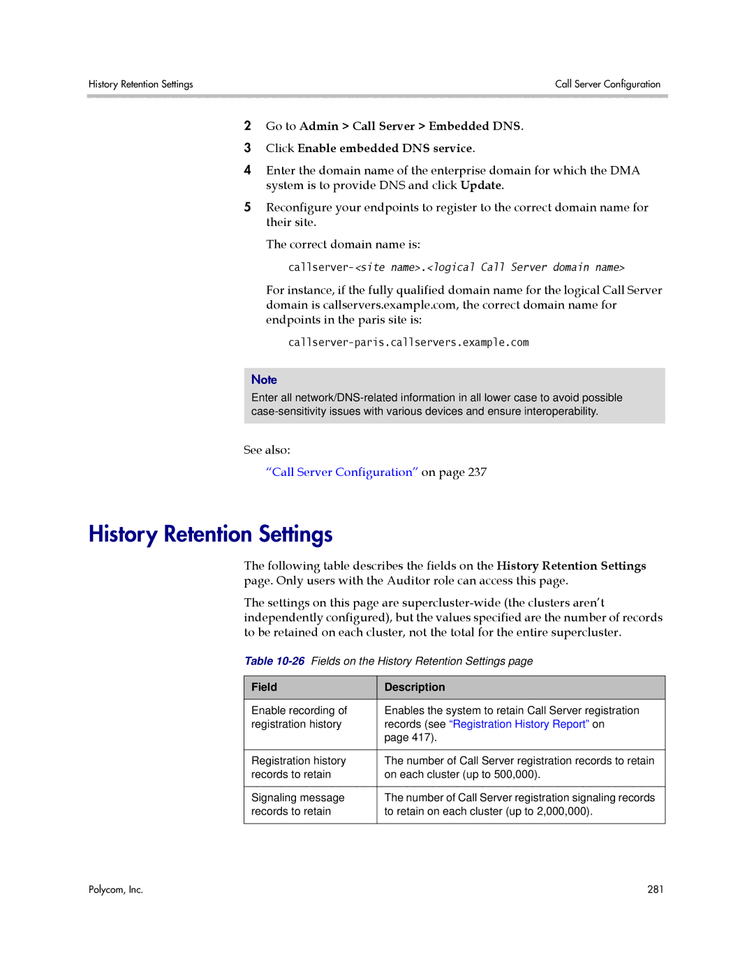 Polycom 3725-76302-001LI manual History Retention Settings, Callserver-paris.callservers.example.com 