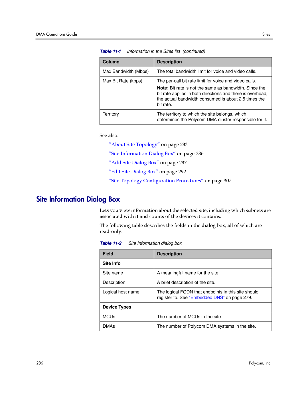 Polycom 3725-76302-001LI manual Site Information Dialog Box, Field Description Site Info, Device Types 