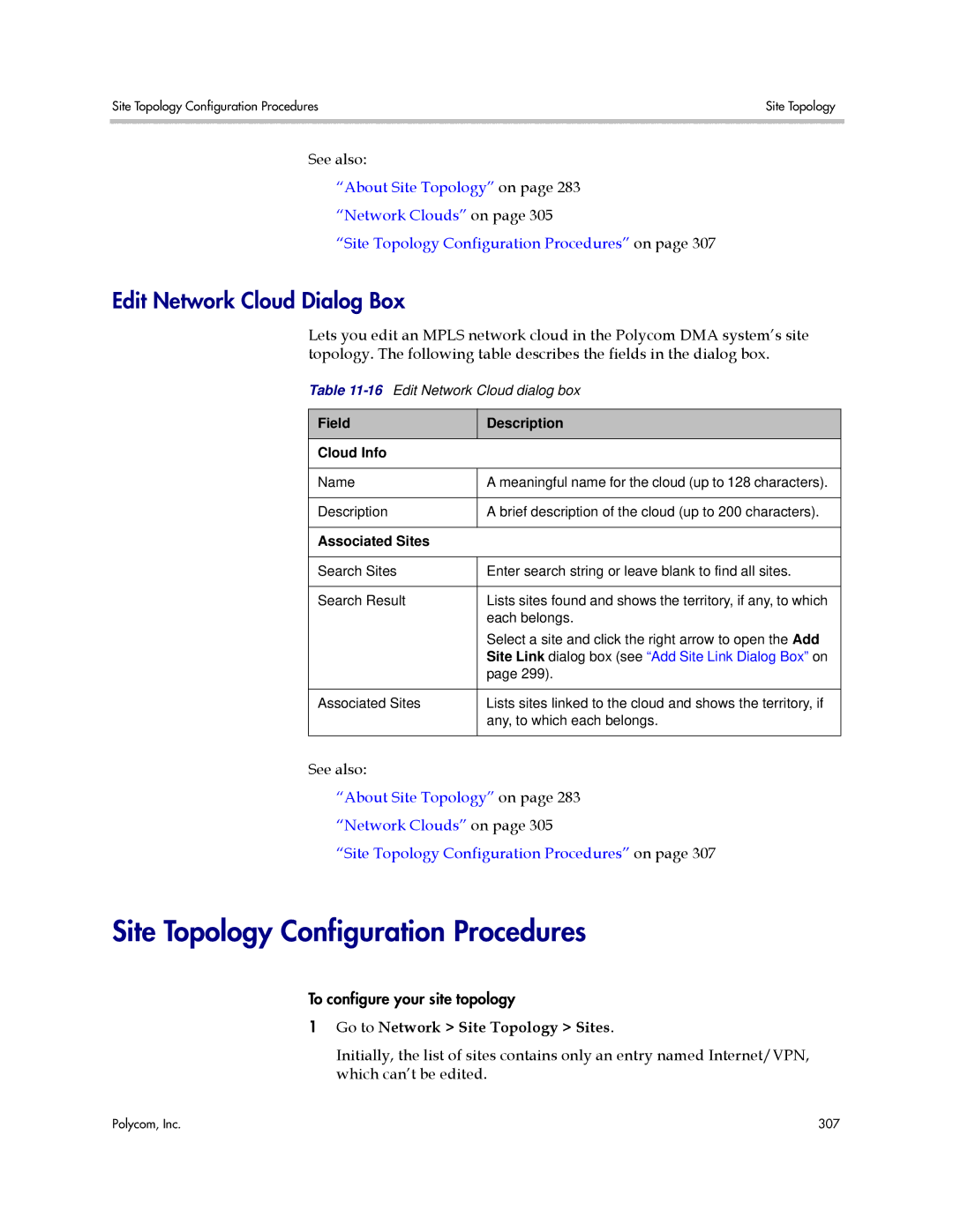 Polycom 3725-76302-001LI manual Site Topology Configuration Procedures, Edit Network Cloud Dialog Box 