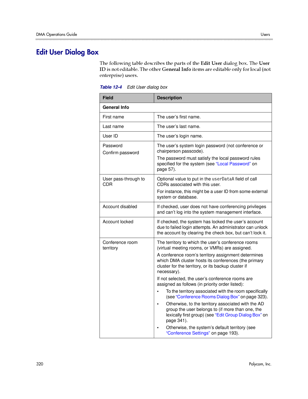 Polycom 3725-76302-001LI manual Edit User Dialog Box, Field Description General Info 