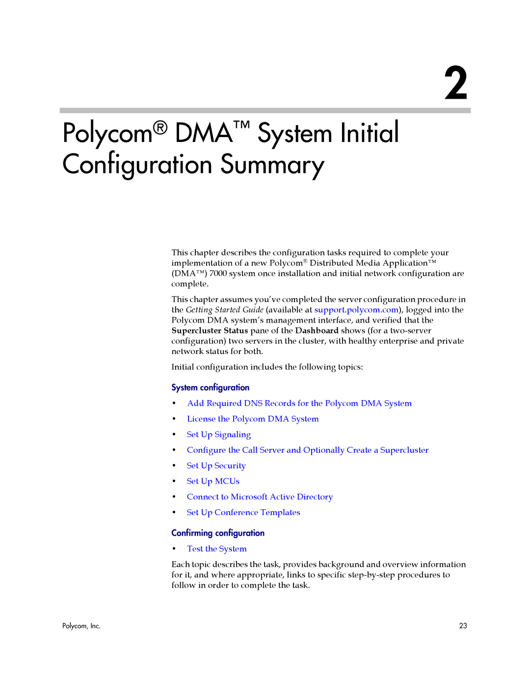 Polycom 3725-76302-001LI manual Polycom DMA System Initial Configuration Summary 