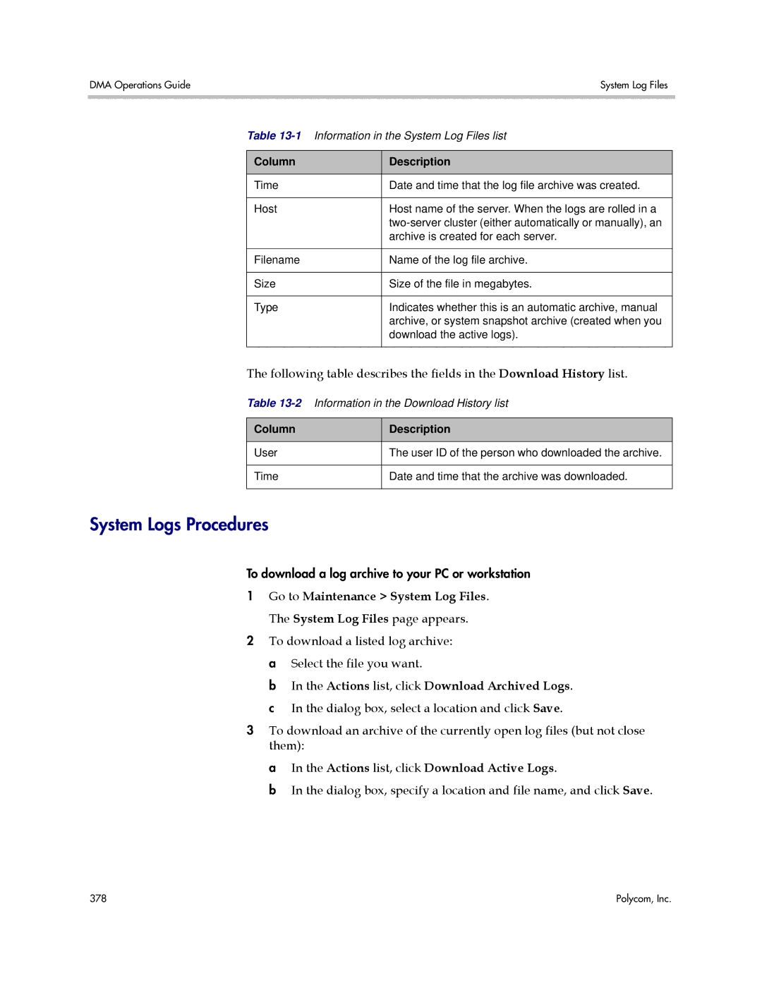 Polycom 3725-76302-001LI manual System Logs Procedures, Actions list, click Download Active Logs 