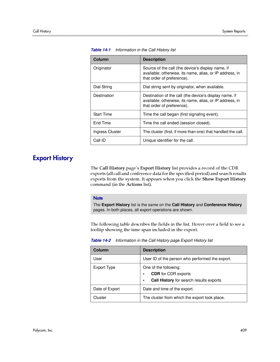 Polycom 3725-76302-001LI manual Export History, Column Description 