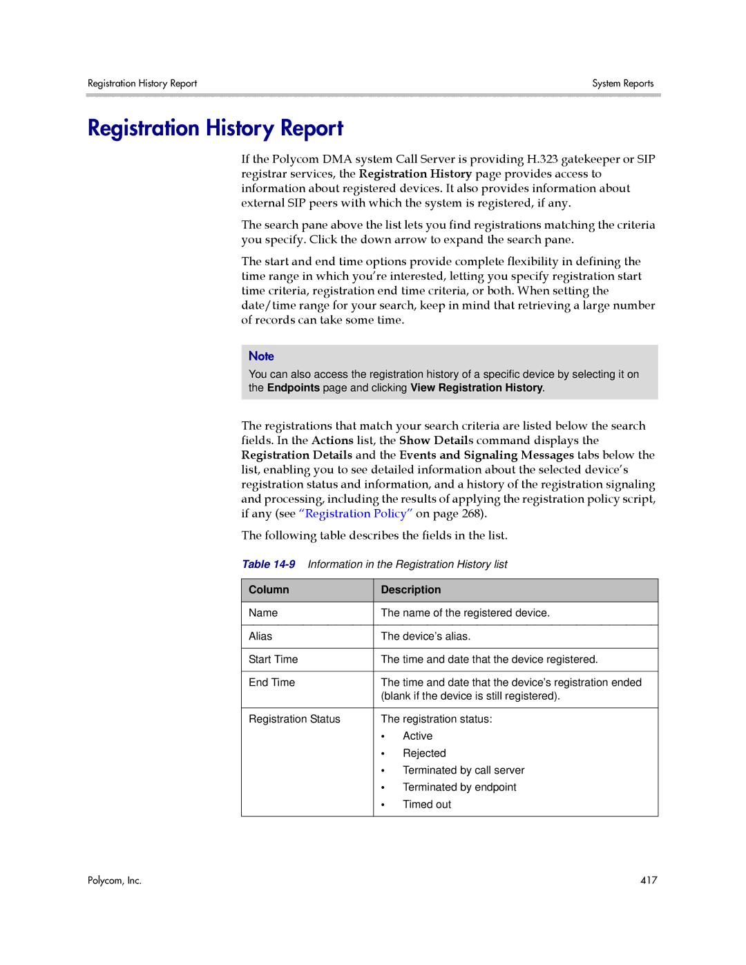 Polycom 3725-76302-001LI manual Registration History Report, Column Description 