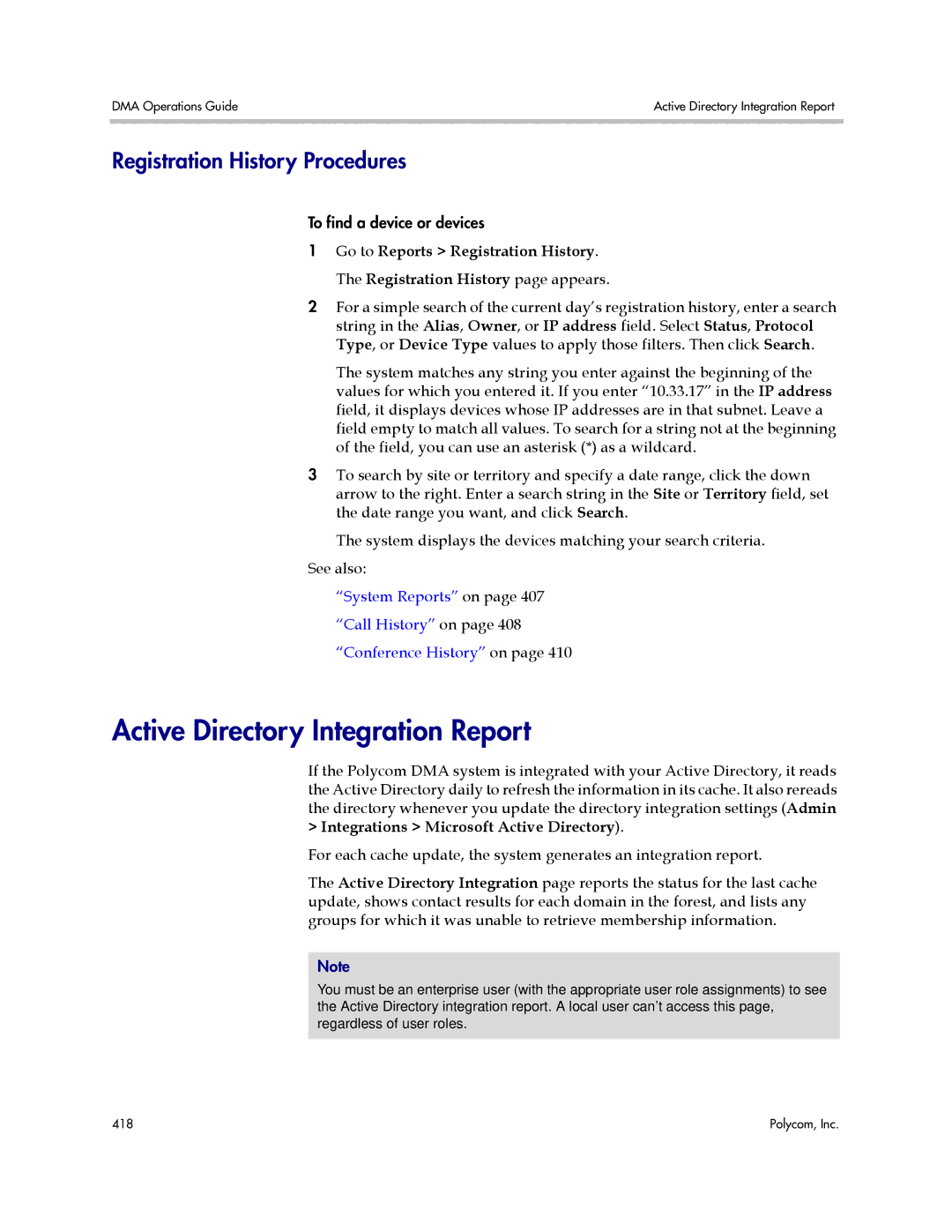 Polycom 3725-76302-001LI manual Active Directory Integration Report, Registration History Procedures 