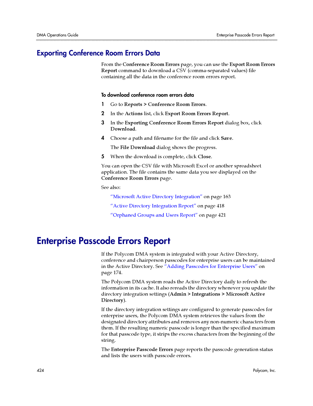 Polycom 3725-76302-001LI manual Enterprise Passcode Errors Report, Exporting Conference Room Errors Data 