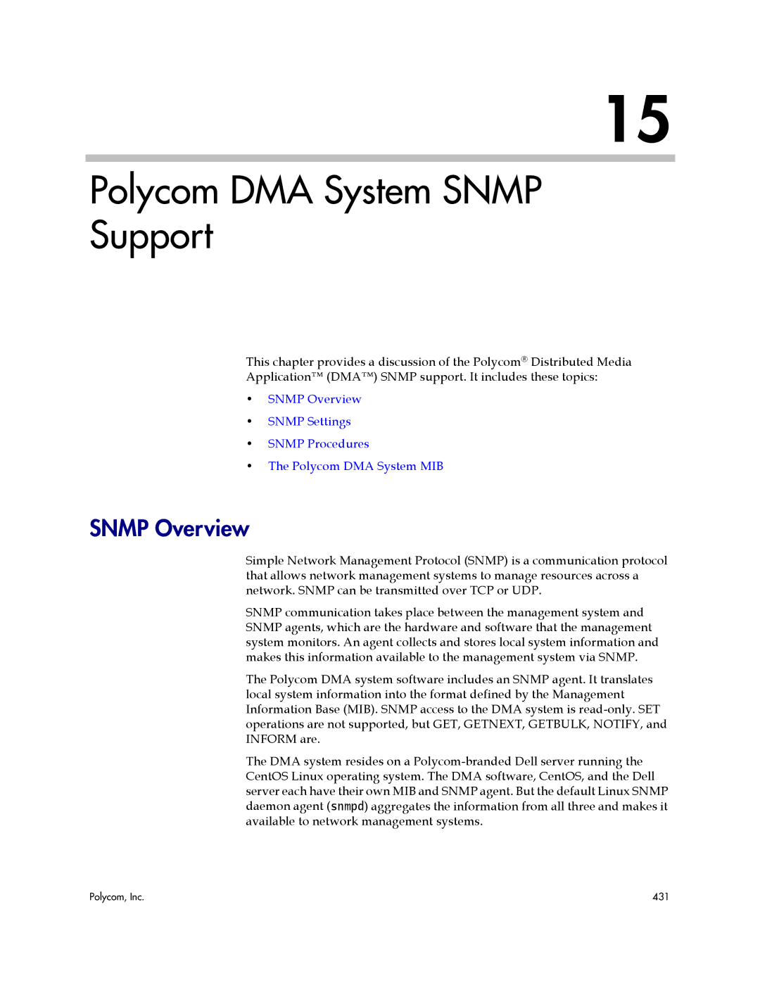 Polycom 3725-76302-001LI manual Polycom DMA System Snmp Support, Snmp Overview 