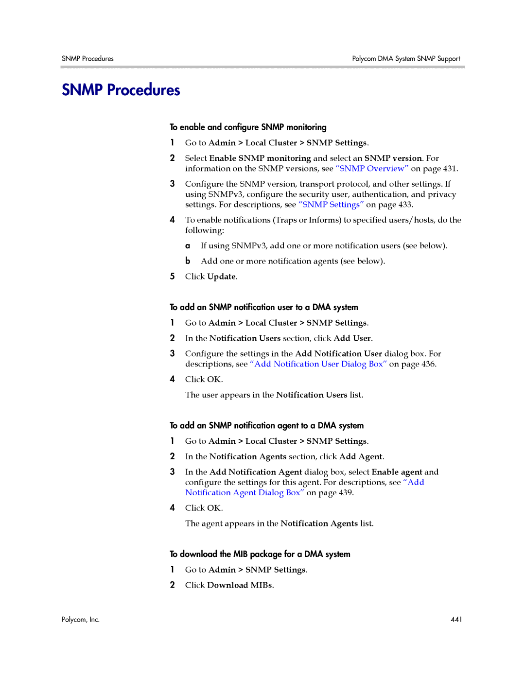 Polycom 3725-76302-001LI manual Snmp Procedures, Go to Admin Local Cluster Snmp Settings 