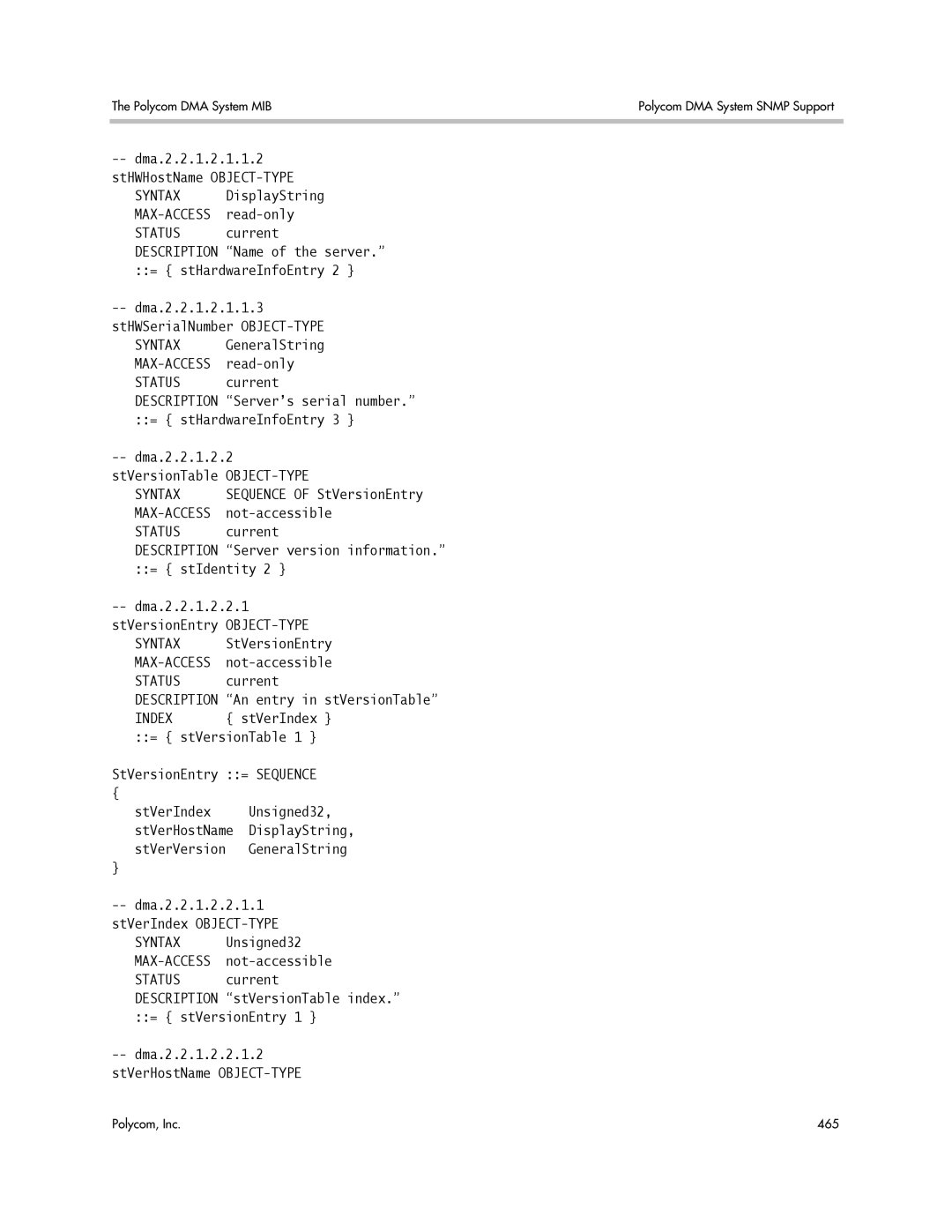 Polycom 3725-76302-001LI manual Syntax DisplayString MAX-ACCESS read-only Status current, Dma.2.2.1.2.2 StVersionTable 