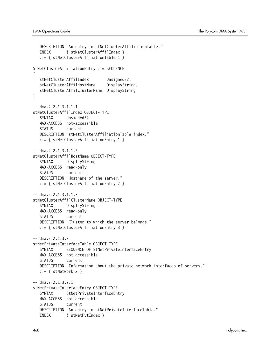 Polycom 3725-76302-001LI Dma.2.2.1.3.2 StNetPrivateInterfaceTable OBJECT-TYPE, Sequence of StNetPrivateInterfaceEntry 