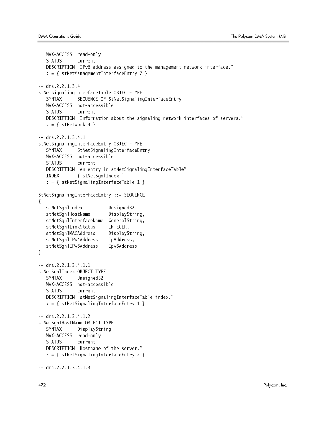 Polycom 3725-76302-001LI manual Sequence of StNetSignalingInterfaceEntry, DisplayString 