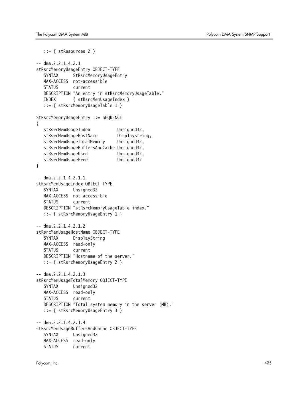 Polycom 3725-76302-001LI manual = stResources, = stRsrcMemoryUsageTable, StRsrcMemoryUsageEntry = Sequence 