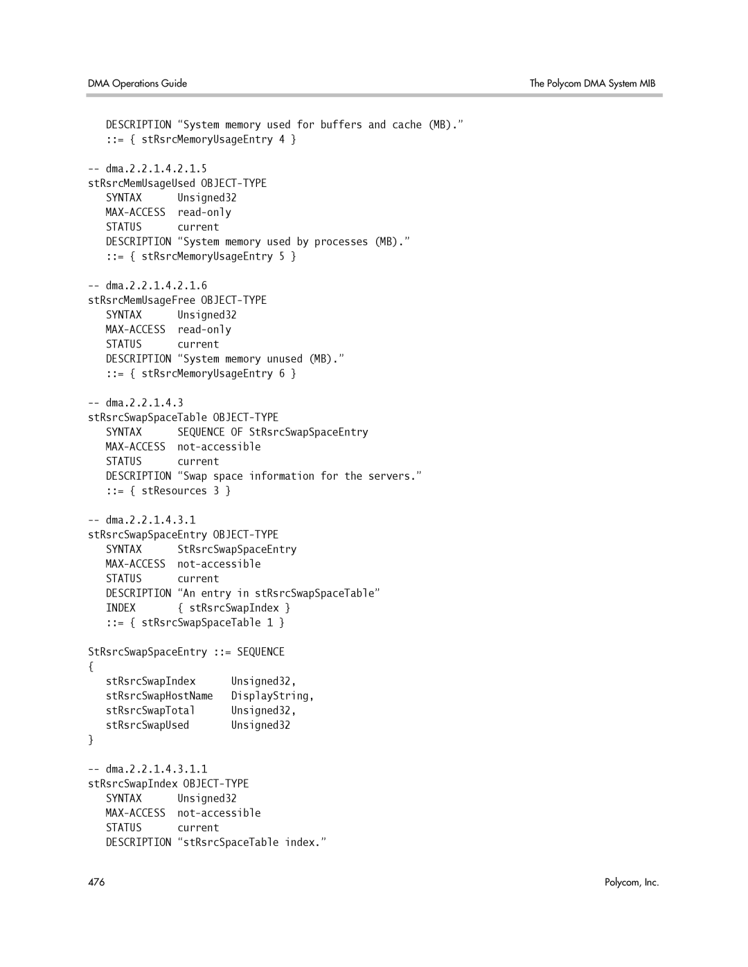 Polycom 3725-76302-001LI manual Sequence of StRsrcSwapSpaceEntry, Status current Description stRsrcSpaceTable index 