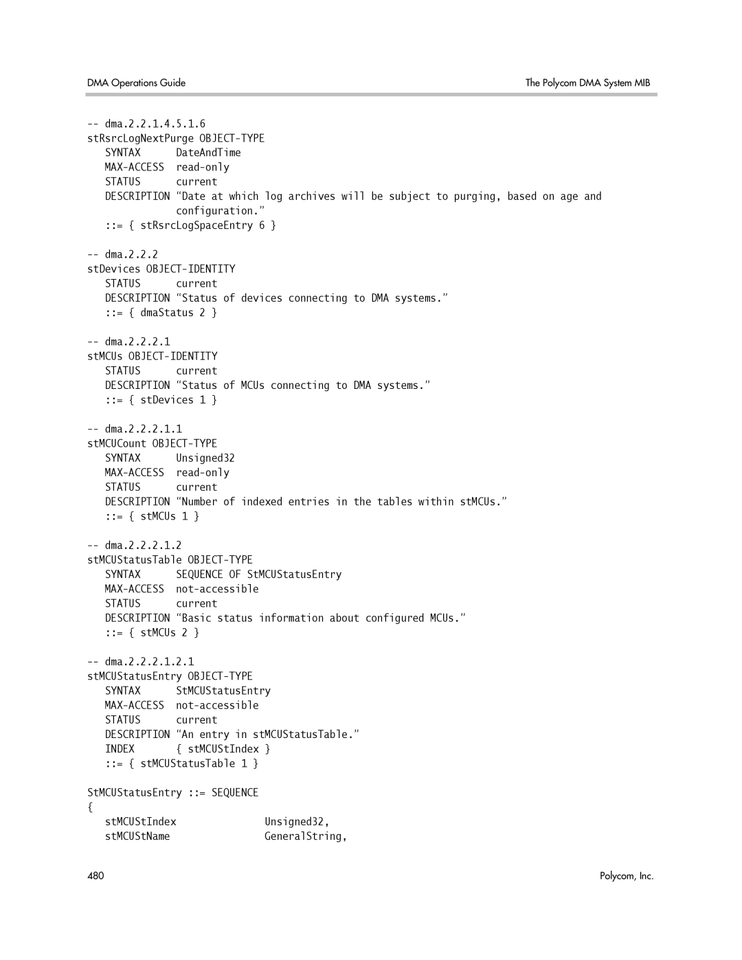 Polycom 3725-76302-001LI manual Sequence of StMCUStatusEntry, = stMCUs, Syntax StMCUStatusEntry MAX-ACCESS not-accessible 