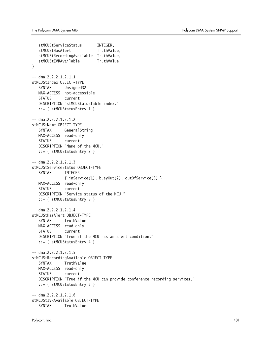 Polycom 3725-76302-001LI manual StMCUStServiceStatus Integer, StMCUStIVRAvailable TruthValue 