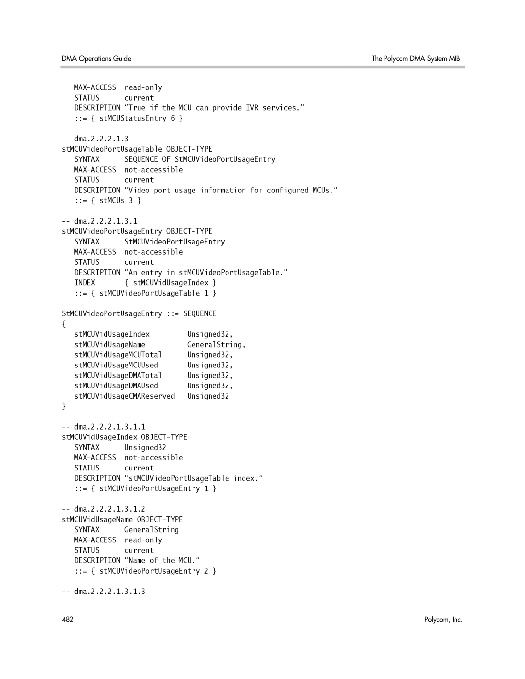 Polycom 3725-76302-001LI manual Sequence of StMCUVideoPortUsageEntry, = stMCUVideoPortUsageEntry Dma.2.2.2.1.3.1.3 