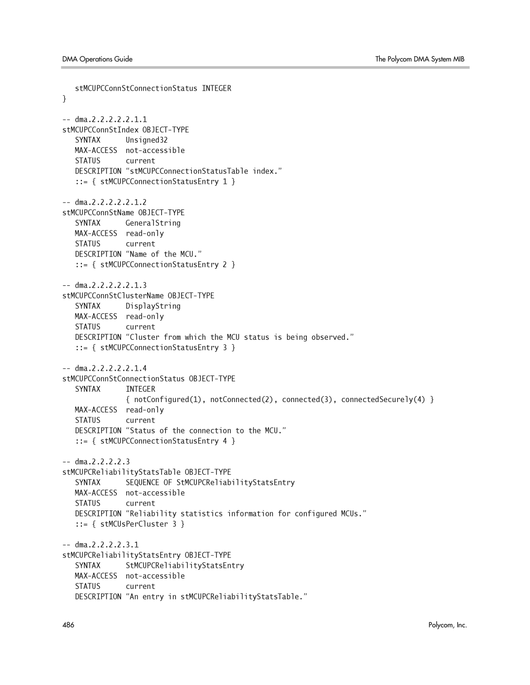 Polycom 3725-76302-001LI manual StMCUPCConnStConnectionStatus Integer, Sequence of StMCUPCReliabilityStatsEntry 